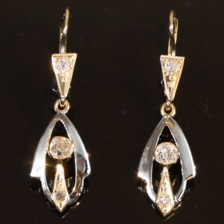 18K two tone gold Art Deco earrings with old mine brilliant cut diamonds